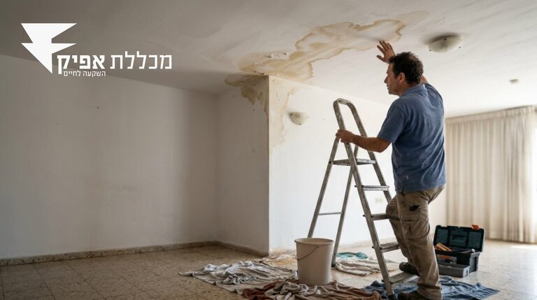 כתם רטיבות בתקרת דירה וטכנאי בודק את המקור