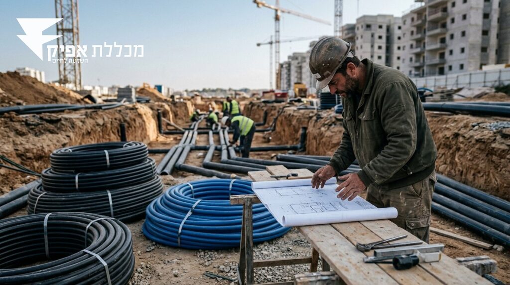 תשתית תברואה באתר בנייה עם תוכניות וצנרת