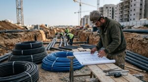 תשתית תברואה באתר בנייה עם תוכניות וצנרת