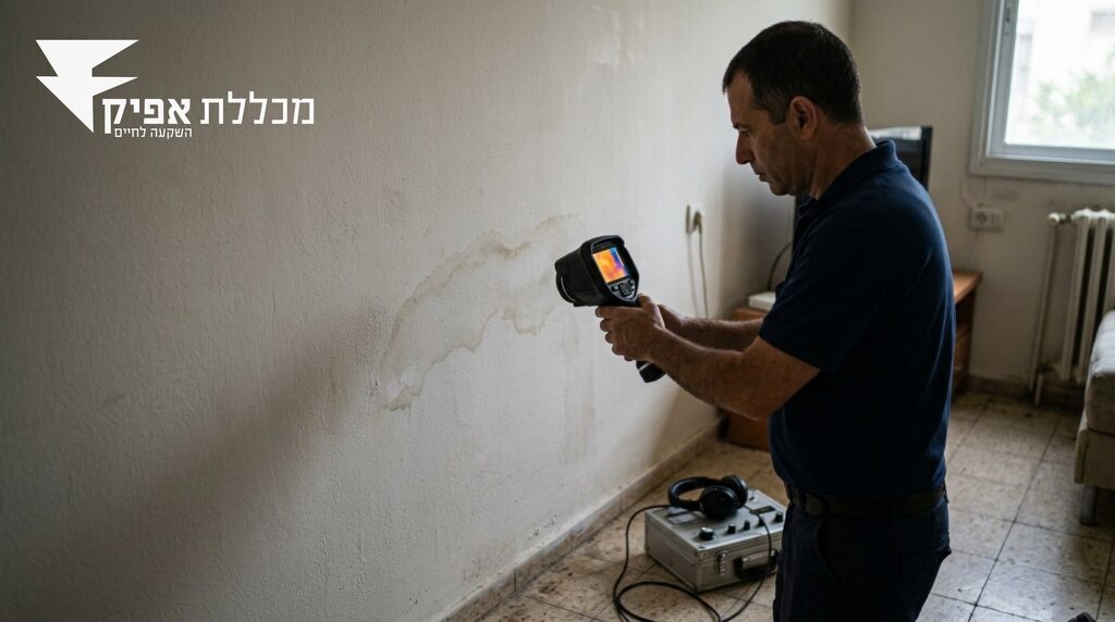 טכנאי סורק קיר רטוב במצלמה תרמית