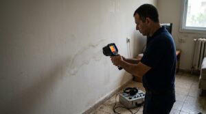 טכנאי סורק קיר רטוב במצלמה תרמית