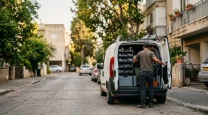 שרברב עצמאי ליד רכב עבודה ברחוב מגורים