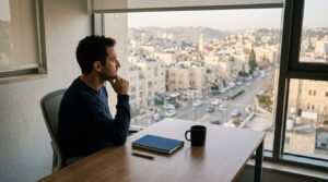 אדם יושב ליד חלון משרד ושוקל מעבר למקצוע חדש