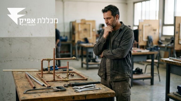 אדם בסדנת שרברבות שוקל הסבה מקצועית