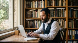 גבר חרדי עובד במחשב במשרד ביתי מסודר בישראל