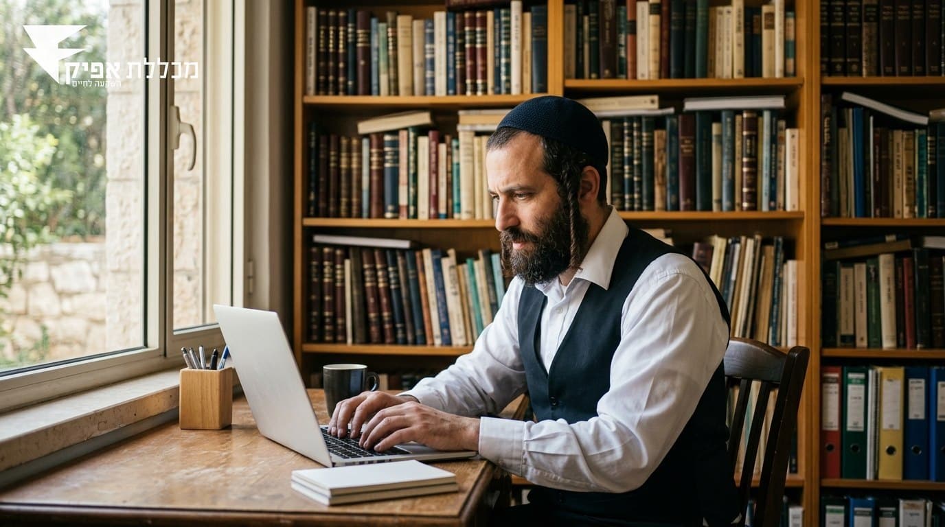 גבר חרדי עובד במחשב במשרד ביתי מסודר בישראל