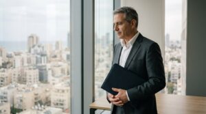יועץ פיננסי עומד ליד חלון משרד בתל אביב ומחזיק תיק מסמכים