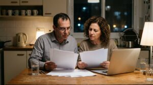 זוג משווה שתי ערכות מסמכי משכנתא בשולחן המטבח בערב