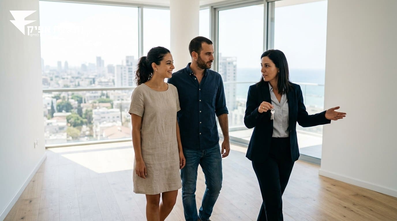 מתווך נדל"ן מציג דירה ריקה ומוארת לזוג צעיר