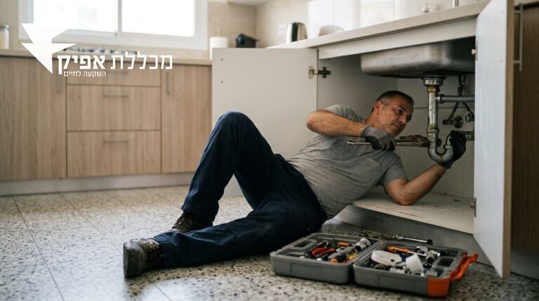 שרברב מטפל בסיפון מתחת לכיור מטבח